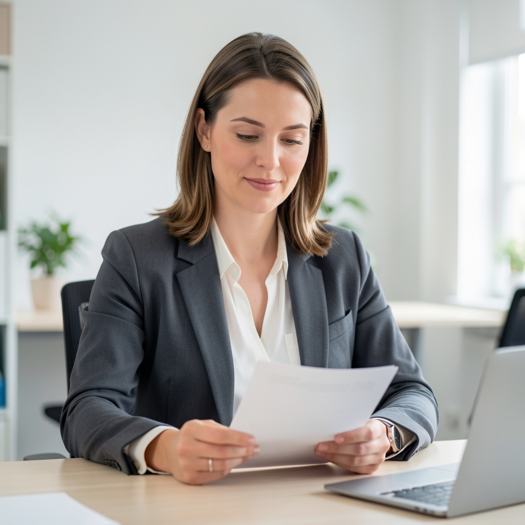 Editorial portrait of a nutrition specialist reviewing documentation at a desk in a clean, well-lit Vienna office with white walls and minimal decor