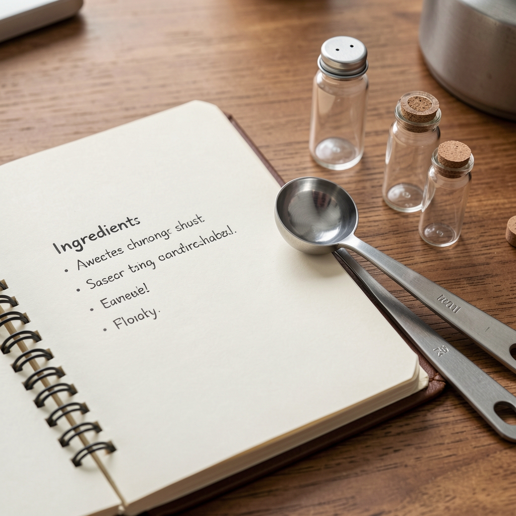 Close-up of a notebook with ingredient notation, a stainless measuring spoon, and small glass vials on a wooden desk surface