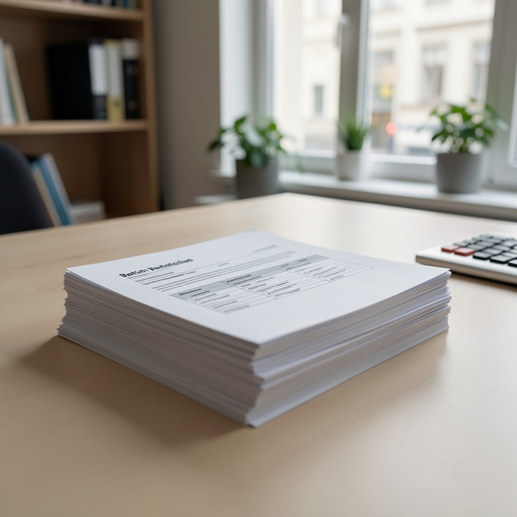 Stacked printed batch-verification reports and food supplement documentation on a clean desk in a Vienna editorial office