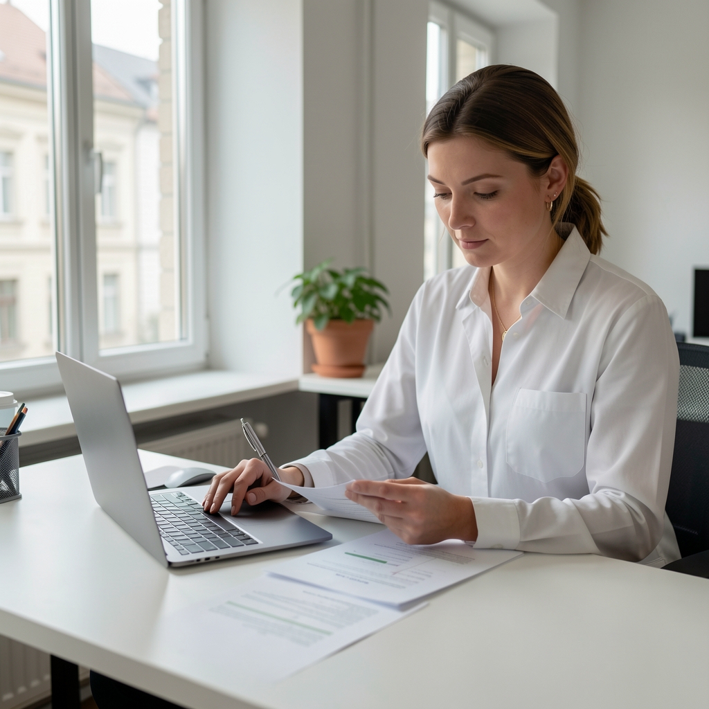 Nutrition specialist reviewing formulation documents at a clean desk with natural window light in a Vienna office