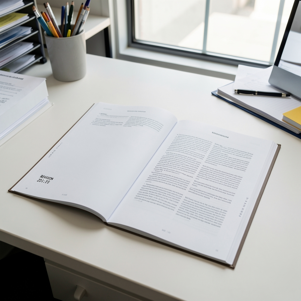 Published catalogue pages laid flat on a clean desk with revision date stamps visible, in a documentation workspace