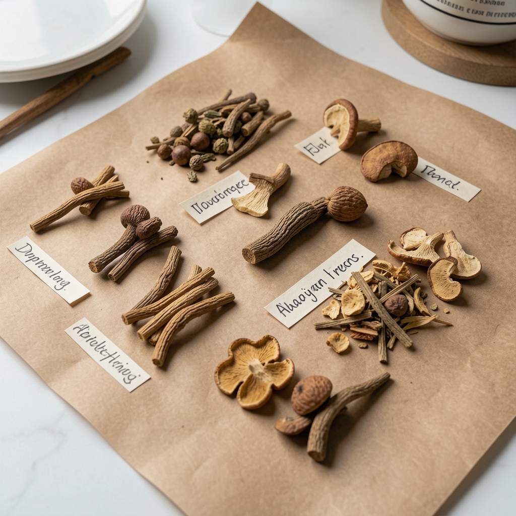 Dried adaptogen roots and mushroom extracts laid out on kraft paper with handwritten botanical labels in a clean workspace