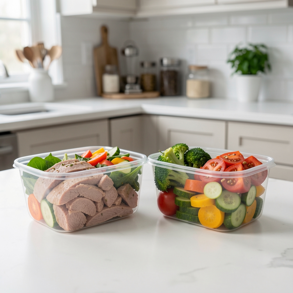 Meal prep containers with lean proteins and vegetables on a clean kitchen counter under studio lighting