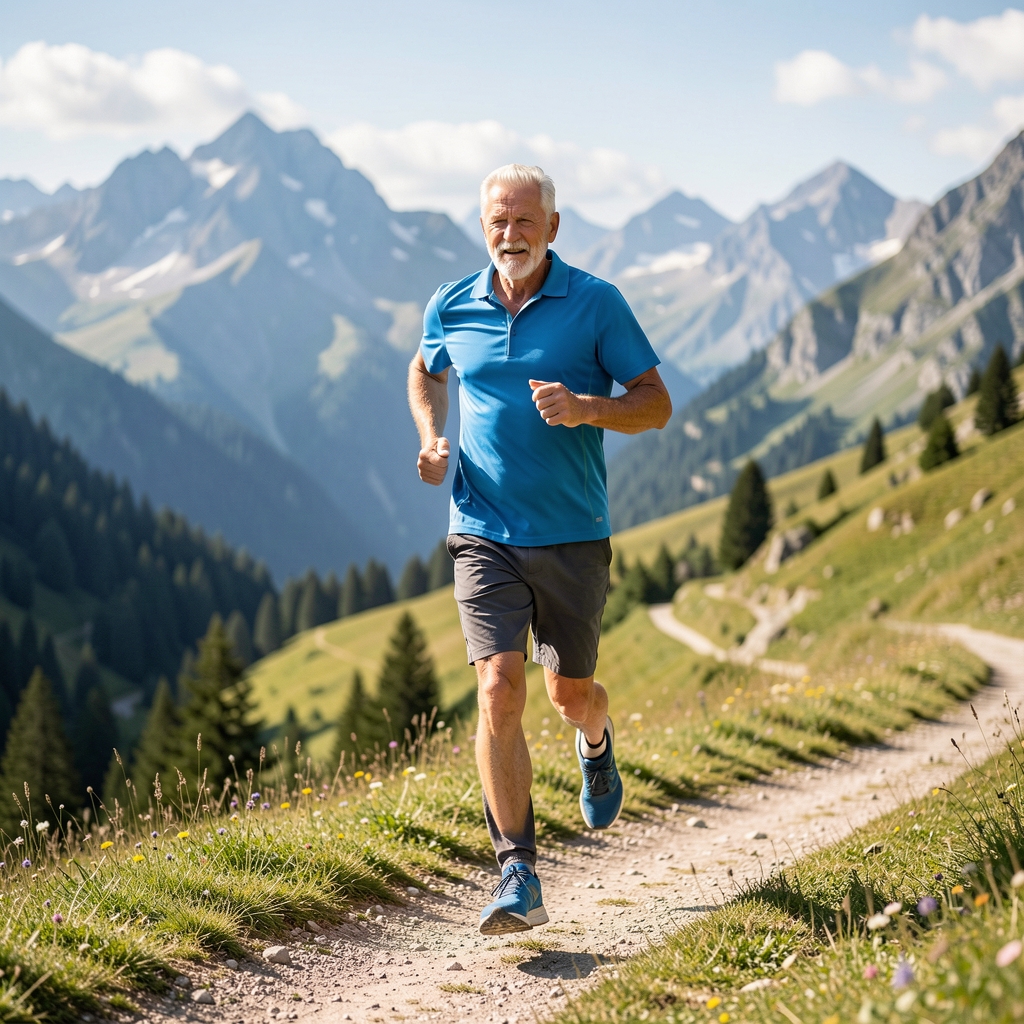 Senior man running outdoors in an alpine landscape, representing active lifestyle and healthy ageing for men