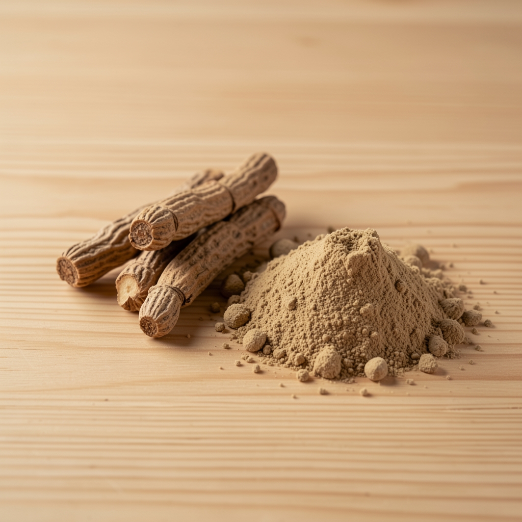 Dried ashwagandha root and powder on a clean wooden surface under controlled lighting, botanical sourcing documentation